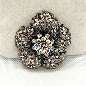 Rare Vintage Filigree Orchid Flower Rhinestone‎ Brooch Pin Signed S